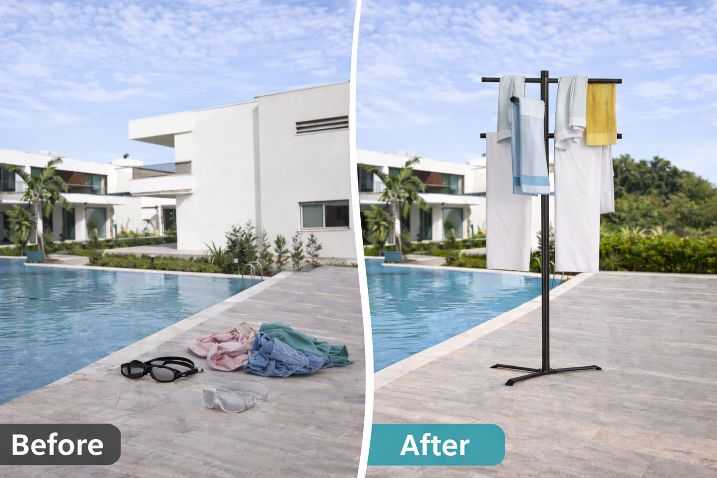 Luxury Poolside Towel Rack & Swim Gear Organizer – 61" Freestanding Outdoor Stand