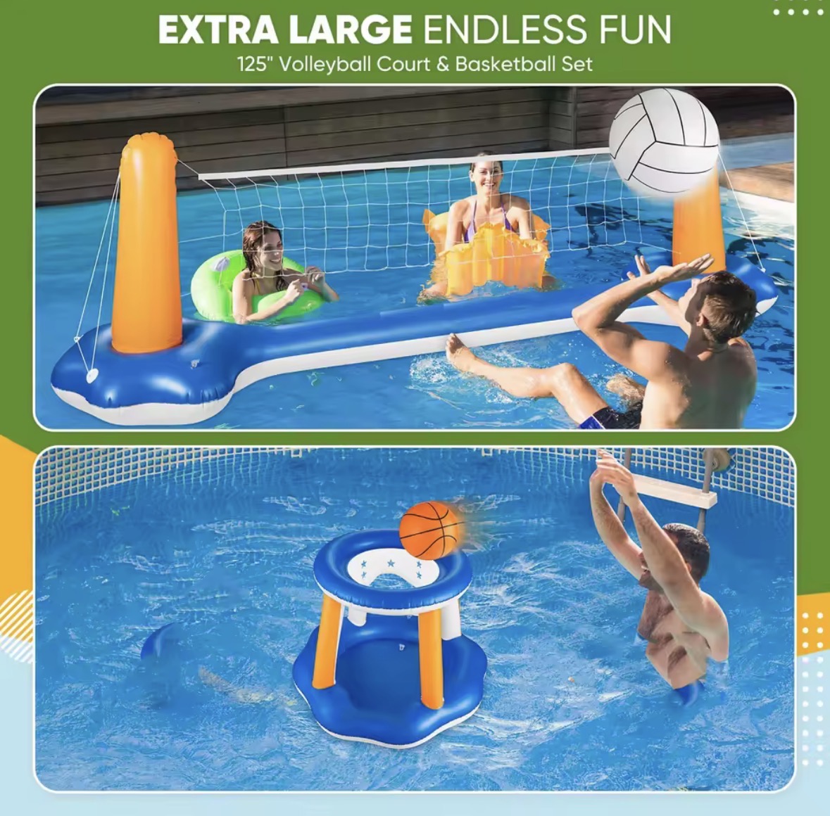 Inflatable Pool Volleyball & Basketball Game Set – 2-in-1 Water Sports Court