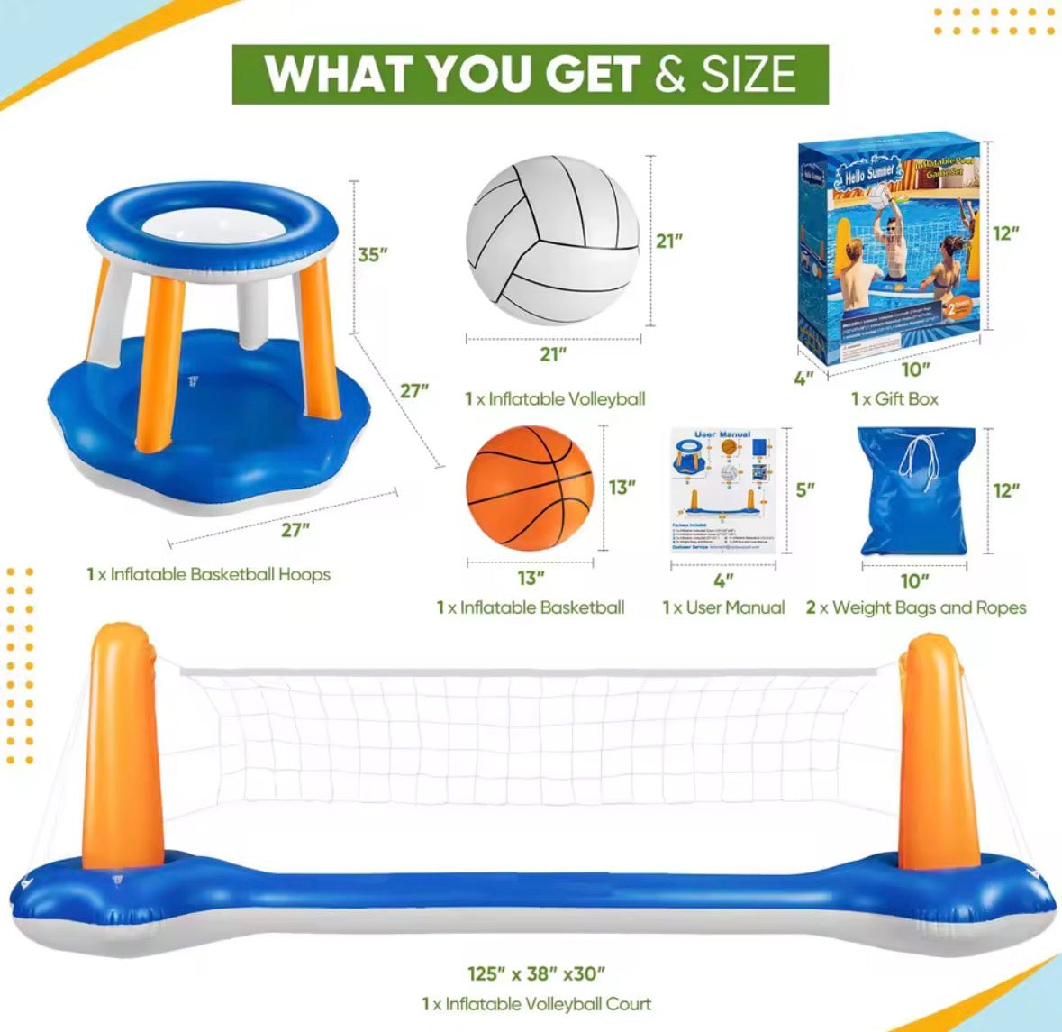 Inflatable Pool Volleyball & Basketball Game Set – 2-in-1 Water Sports Court