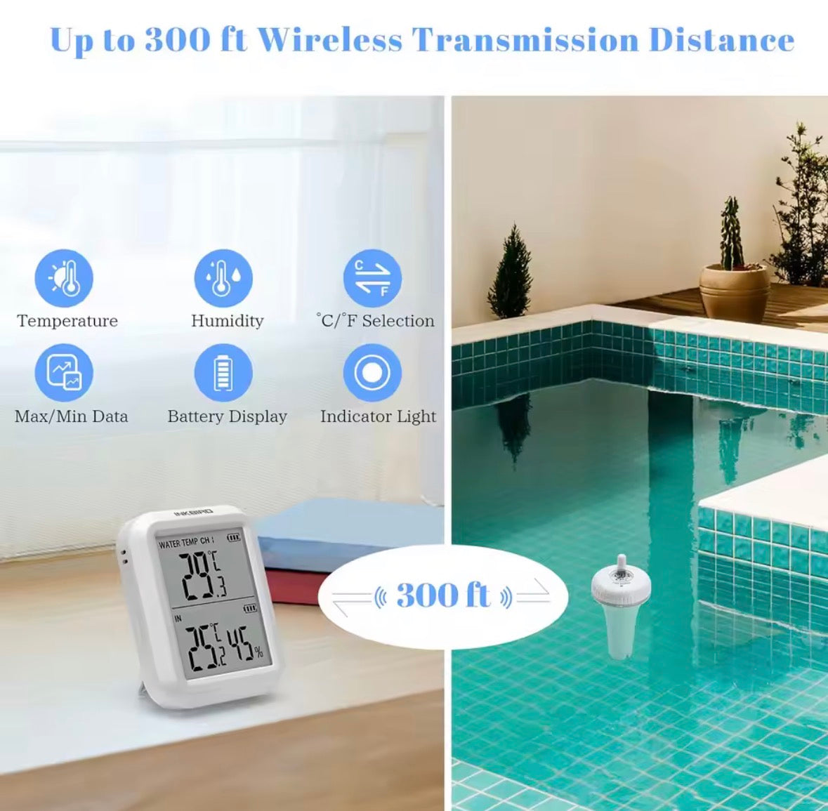 Smart Wireless Pool Thermometer with Indoor Receiver – 300 Ft Range